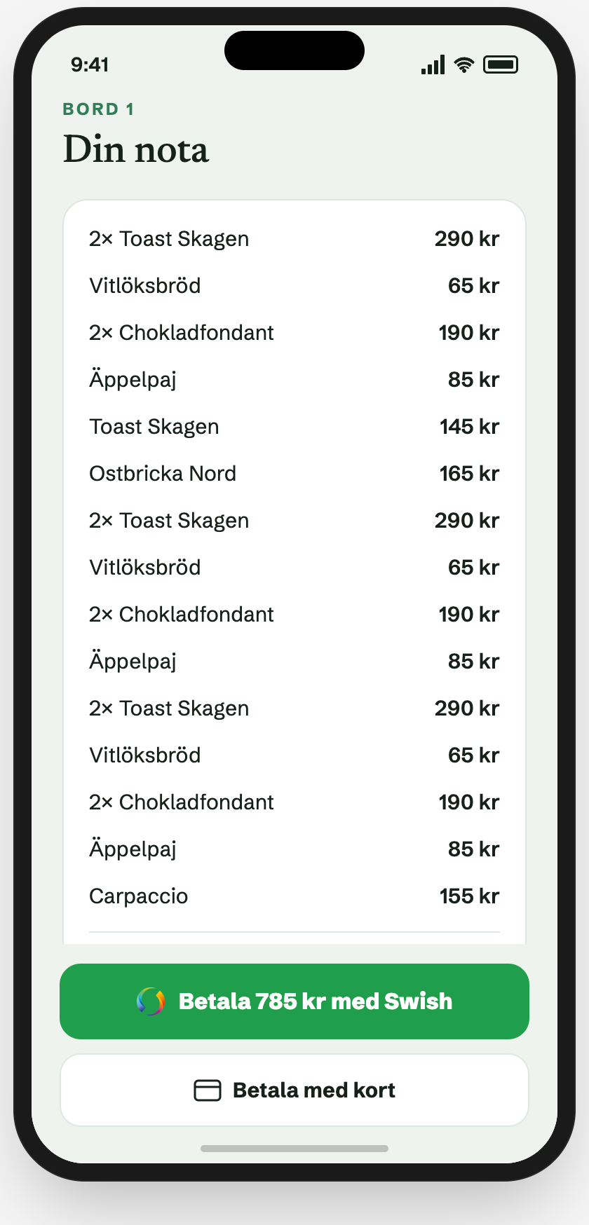 Gästens nota och betalning