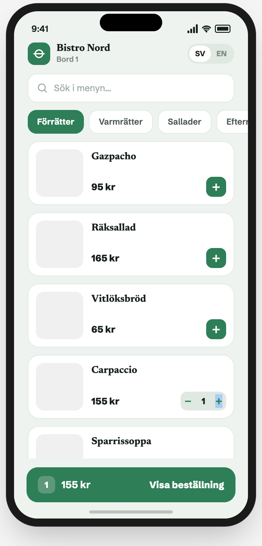 Gästens meny i mobilen